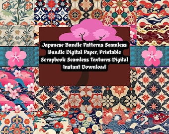 May include: A collection of Japanese-themed digital papers with various patterns. The designs include floral, geometric, and wave motifs in shades of red, blue, and beige. The image includes the text: "Japanese Bundle Patterns Seamless Bundle Digital Paper, Printable Scrapbook Seamless Textures Digital Instant Download."