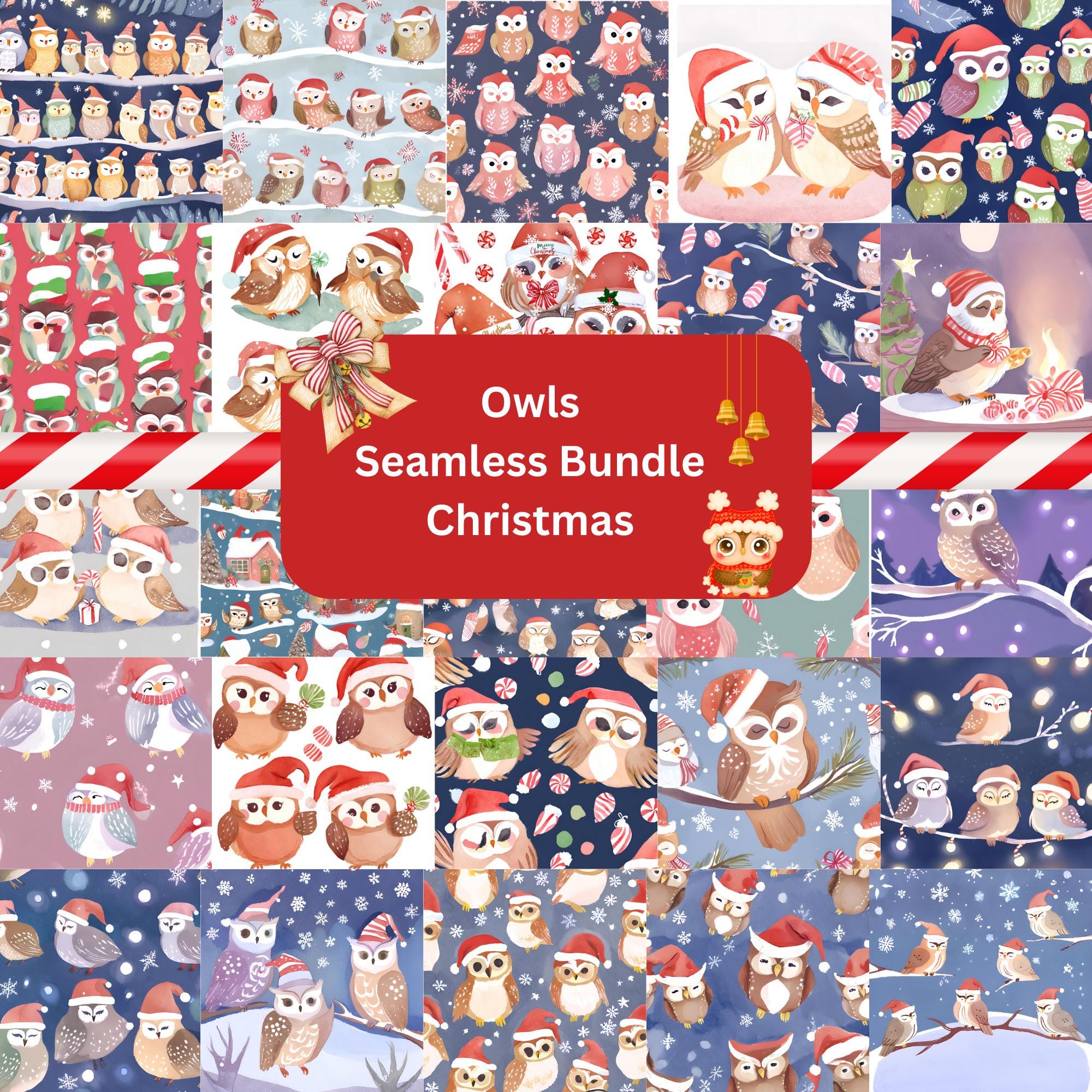Christmas Owls Seamless Paper Bundle: Scrapbook Textures (Digital Download)