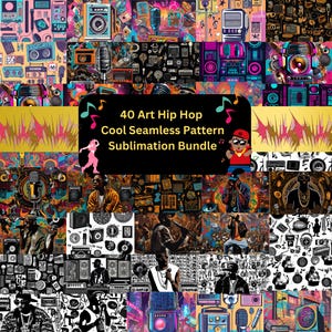 May include: A digital collage of 40 seamless patterns featuring a hip hop theme. The patterns include microphones, cassette tapes, boomboxes, and other music-related imagery. The text "40 Art Hip Hop Cool Seamless Pattern Sublimation Bundle" is displayed in the center of the image.