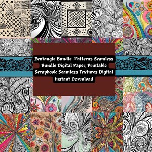 May include: A digital paper bundle with 12 seamless patterns featuring intricate black and white Zentangle designs, colorful abstract patterns, and floral motifs. The text on the image reads "Zentangle Bundle Patterns Seamless Bundle Digital Paper, Printable Scrapbook Seamless Textures Digital Instant Download".