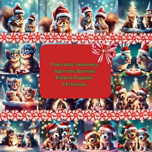 Postkarten Seamless Bundle Eichhörnchen Bunnies Kätzchen Welpen Weihnachten Digitales Papier, Printable Scrapbook Texturen digitaler Download