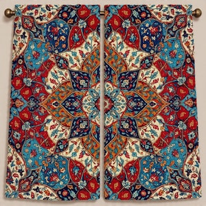 May include: A pair of patterned curtains with a vibrant, intricate design. The curtains feature a symmetrical pattern with a mix of red, blue, orange, and cream colors. The design includes floral and geometric elements, creating a rich, decorative look.