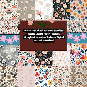 Minimalist Floral Patterns Seamless Bundle Digital Paper, Printable Scrapbook Seamless Textures Digital Instant Download