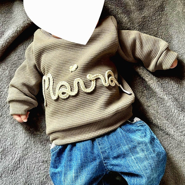 Personalisierbares Langarmshirt/ Longsleeve mit Kordelschrift Größe 56 bis 128, für Babys und Kinder