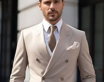 Classic Cream Double-Breasted Suit for Men - Tailored Suit-Custom Tailoring