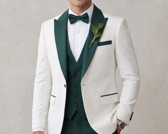 Herrkostym i elfenbensfärgad och smaragdgrön, 3-delad smokingkostym, brudgumskostym, formell balkostym, lyxig slim fit kavajset, bröllops-Texudo, kostymer