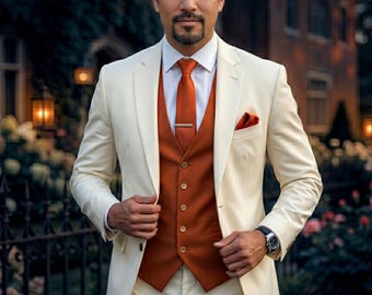 Elfenbensfärgad och bränd orange kostym för män, bröllopskostym, brudgumsoutfit, rustik höstbröllopsdräkt, skräddarsydd kostym