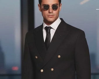 Traje de caballero premium cruzado, corte entallado, estilo italiano, pespuntes Punto, negro