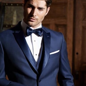 Men Suits ~ Wedding Suit ~ 3 Piece Suits ~ Prom Suits, Slim fit Peak Lapel one Button Tuxedo, Blue Tux - Blue Slim Fit Peak Lapel Tuxedo