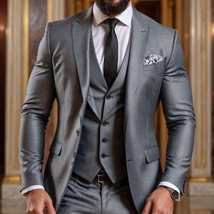Men’s Grey Three piece, Wedding Suit, Anniversary Suit, Gift for Boyfriend , Groomsmen suit, slim fit, Custom Tailoring