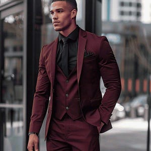 Men Suits Maroon 3 Piece Slim Fit Wedding Groom Party Wear Coat Pant Pinstripe Suit