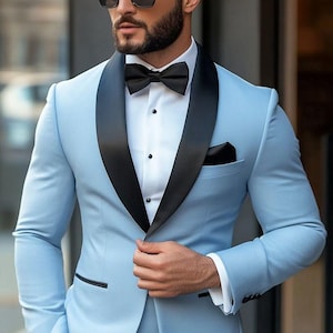 Sky Blue Tuxedo Suit: Black Shawl Lapel, Elegant Prom Party Wear