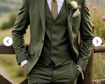 メンズグリーンスリーピーススーツ：ウェディング新郎タキシード