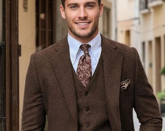 Brown Tweed Suit for Men | Vintage 3 Piece Suit | Herringbone Wool Suit | Wedding Groom Outfit | Custom Tailored Tweed Blazer & Pants