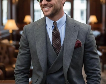 Men Custom Suit Bespoke Suit Tweed Three Piece Vintage Style Grey Men's Suit for Wedding, Engagement, Winter, Groom Wear And Grooms Men