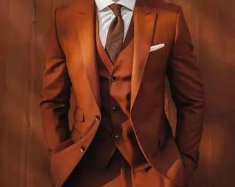 Brown 3 Piece Men's Suit: Slim Fit Peak Lapel Wedding Suit