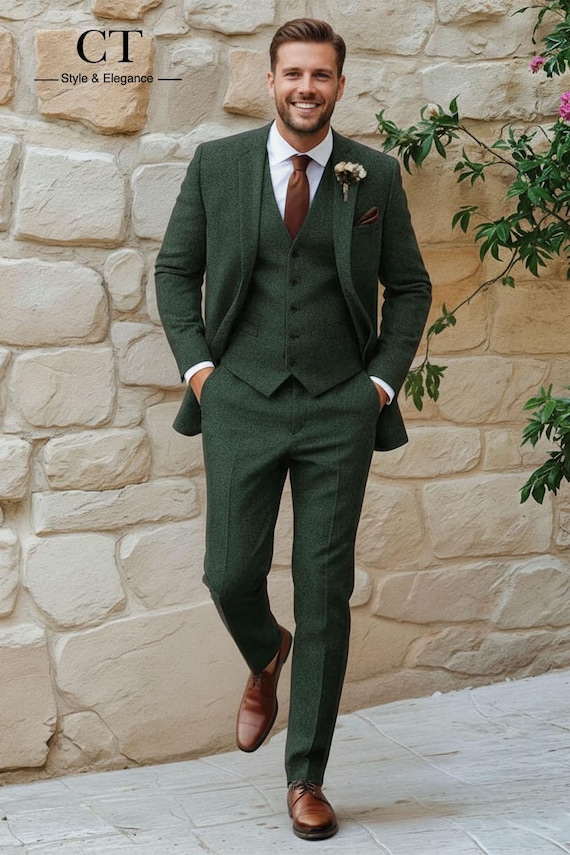 Green Tweed Suit for Men | Vintage 3 Piece Suit | Herringbone Wool Suit | Wedding Groom Outfit | Custom Tailored Tweed Blazer & Pants