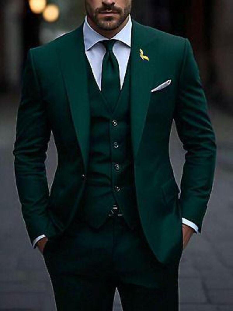 Formal Green Slim Fit Men's Suits 2 Pieces Solid Color Wedding Suit main image 1