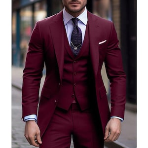 Men’s Maroon 3-Piece Tuxedo Suit | Wedding Groom Attire | Tailored Fit Formal Suit | Elegant Burgundy Tuxedo | Designer Wedding Suit