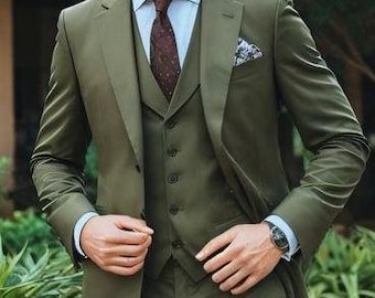 Vintage Olive Green Three Piece Suit - Custom Wedding Groom Dinner Suit