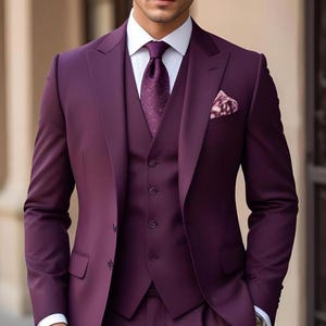 Custom Tailored Deep Maroon Three Piece Suit | Elegant Formal Outfit with Peak Lapel Blazer Waistcoat and Trousers | Wedding, Prom Party