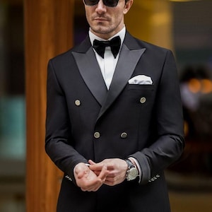 Traje negro cruzado para hombre - Esmoquin de corte ajustado, atuendo para novio