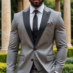 Grey 3 Piece Tuxedo for Men | Slim Fit Two Button Peak Lapel Suit | Wedding, Prom & Formal Wear | Modern Grey Suit