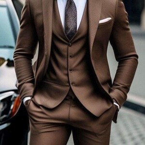 Men’s Brown 3-Piece Suit | Wedding Groom Attire | Tailored Fit Formal Suit | Elegant Brown Tuxedo | Designer Wedding Suit