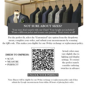May include: A display of tailored suits in various colors, including navy, gray, and patterned fabrics. The image includes text about sizing, a QR code, and instructions to scan, measure, and achieve a perfect fit. The suits are hanging on a rack.