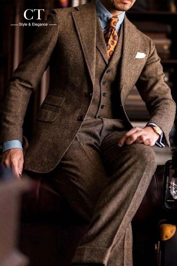Men Brown Suit - Brown Tweed Suit - Men Tweed Suit - Groom Wedding Wear - Men Wedding Suit - Tweed 3 Piece Suit - Traditional Tweed Suit