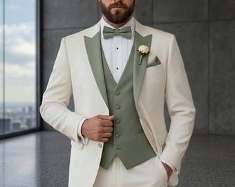 Anpassad elfenbens- och salviagrön smokingkostym: Slim fit bröllopsklädsel brudgummens outfit