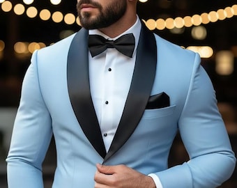 Sky Blue Tuxedo Suit: Black Shawl Lapel, Elegant Prom Party Wear
