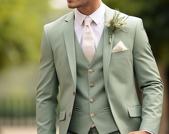 Men's Stylish Three Piece Suit -Wedding Wear Suit - Green Suit Rust Vest - Groom's Men Suit - Formal Elegant Suits