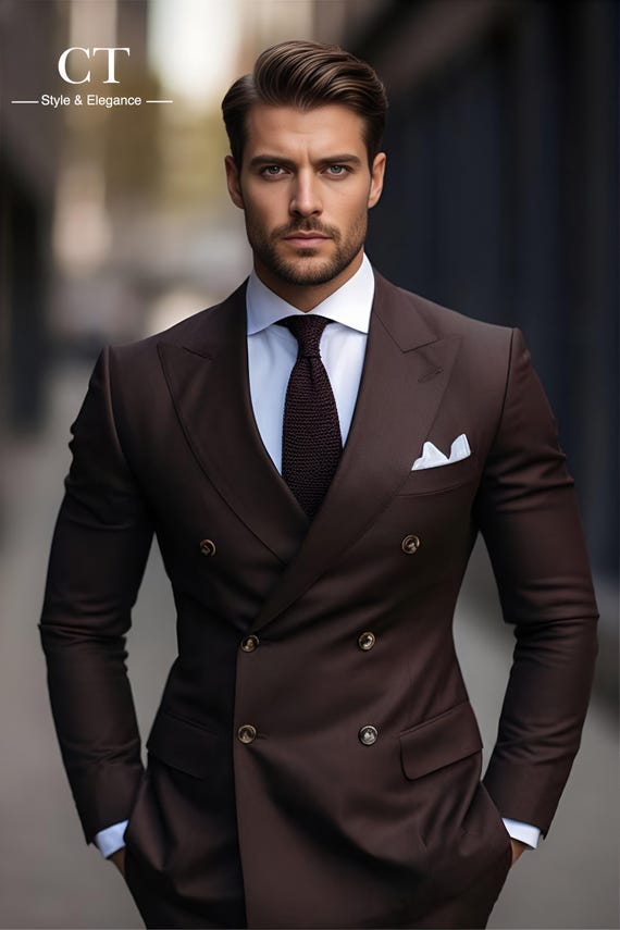メンズダークブラウンツーピースダブルブレストスーツ - 新郎と新郎の
