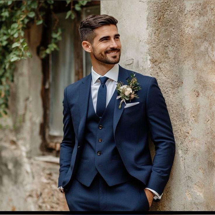 Men's Blue Slim Fit 3-Piece Suit: Wedding Groom Party Wear