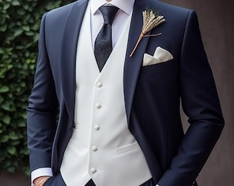 May include: A man wearing a navy blue suit with a white vest and a dark patterned tie. He is wearing a white shirt and has a boutonniere on his lapel.