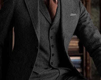 Black Tweed Suit for Men | 3 Piece Wool Herringbone Suit | Vintage Wedding Groom Suit | Formal Blazer Vest & Pants