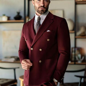 Men&#39;s Premium Burgundy Two Piece Double Breasted Suit, Prom Party Wear Coat For Him, Jacket For Men, Men Formal Wedding Attire.