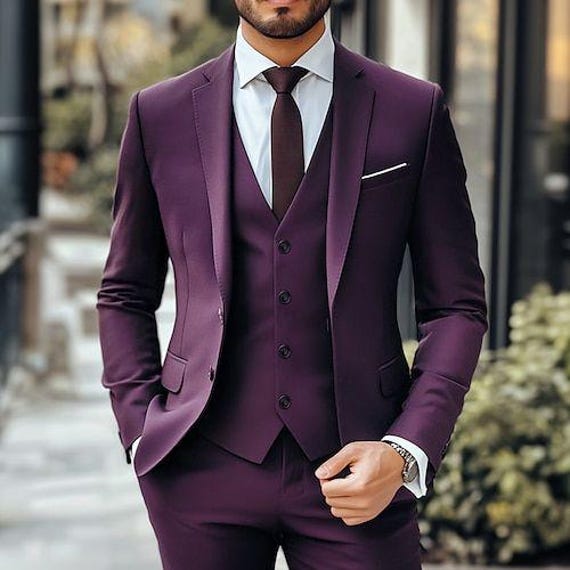 Purple 3 Piece Suit for Men: Slim Fit Wedding & Party Outfit