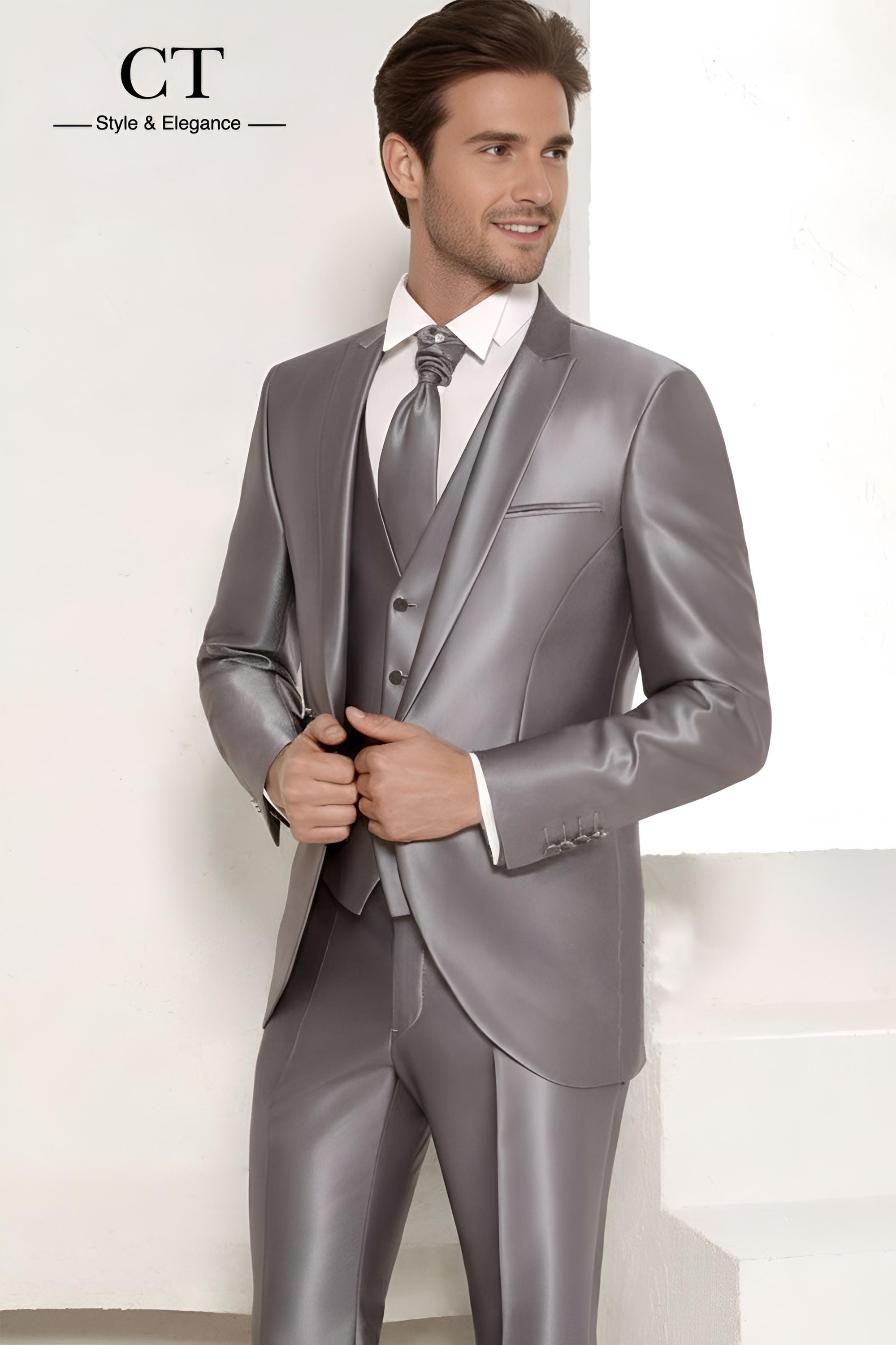 Custom Made 3 Piece Grey Satin Suit: Modern Fit, Wedding Groom Wear, Wedding attire, Stylish Suits for men, Gift for men