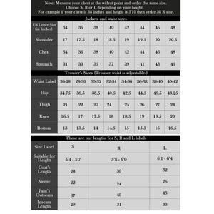 May include: A detailed chart with measurements for jackets, waist sizes, and trouser sizes. The chart includes US letter sizes, shoulder, chest, stomach, hip, thigh, knee, and bottom measurements in inches. It also provides lengths for S, R, and L labels.