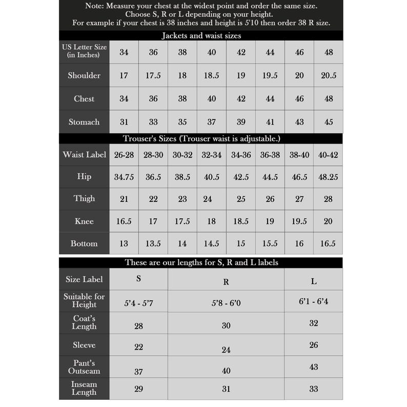May include: A detailed chart with measurements for jackets, waist sizes, and trouser sizes. The chart includes US letter sizes, shoulder, chest, stomach, hip, thigh, knee, and bottom measurements in inches. It also provides lengths for S, R, and L labels.