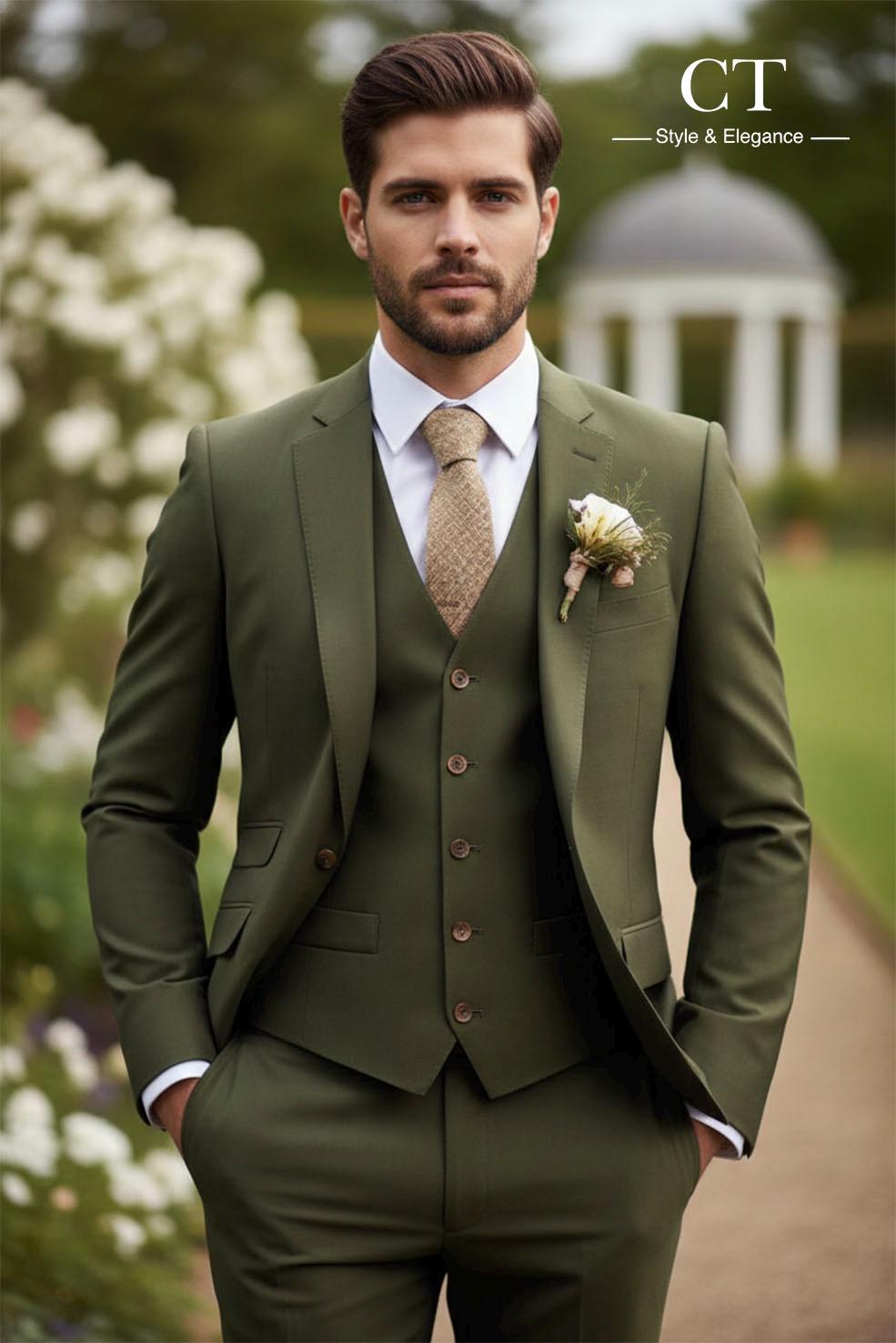 メンズオリーブグリーンスリーピーススーツ - カスタムウェディング