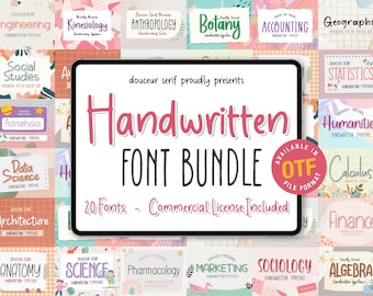 Bundel handschriftlettertypen, handgeschreven lettertypen, studie, Goodnotes, notities maken, Sans Serif, schattige lettertypen, girly-lettertypen, sprankelende lettertypen, OTF-lettertypenpakket