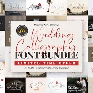 Lot de polices de calligraphie de mariage, trait fin oiseau cursive, fabrication de cartes manuscrites, Circut, toile, Templett, modèles d'invitations, polices OTF