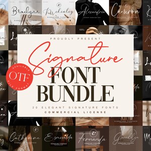 Può includere: Un collage di 20 diversi stili di font di firma, ognuno mostrato su uno sfondo unico. I font sono disponibili in formato OTF e sono perfetti per aggiungere un tocco personale ai tuoi progetti. Il testo "Signature Font Bundle" è visualizzato in grandi caratteri grassetto al centro dell'immagine.