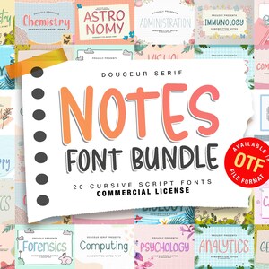 May include: A colourful graphic design featuring the text "NOTES FONT BUNDLE" in a bold, handwritten style. The design includes 20 cursive script fonts, available in OTF format, with a commercial license. The image also features a variety of colourful backgrounds and illustrations.