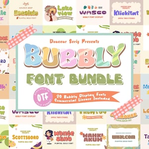 Puede incluir: Un diseño gráfico colorido con el texto "Bubbly Font Bundle" con 20 fuentes de visualización burbujeantes en formato de archivo OTF. El diseño incluye una variedad de fuentes coloridas con un estilo juguetón y caprichoso.