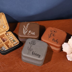 Travel Jewelry Box, Birth Flower Jewelry Travel Case, Bridesmaid Gift, Personalized Gifts, Leather Jewelry Organizer, Handmade Gift for Mom