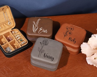 Reissieradendoos, geboortebloemsieradenreisdoos, bruidsmeisjecadeau, gepersonaliseerde geschenken, lederen sieradenorganisator, handgemaakt cadeau voor moeder